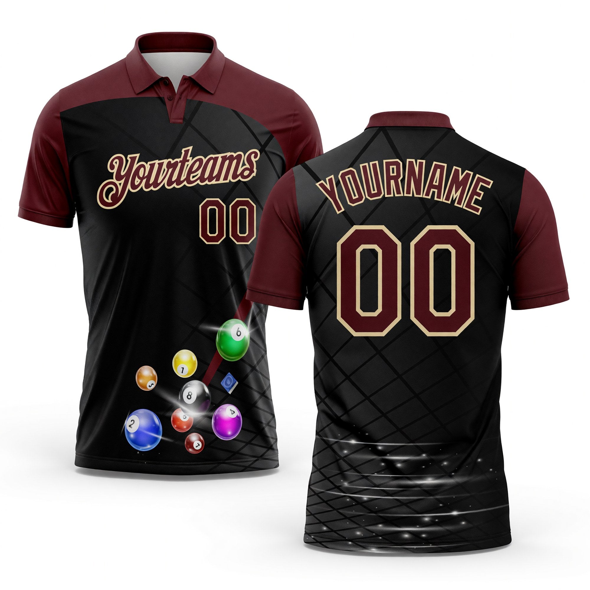 Custom Black Crimson-Cream Billiard Balls Performance Polo Shirt