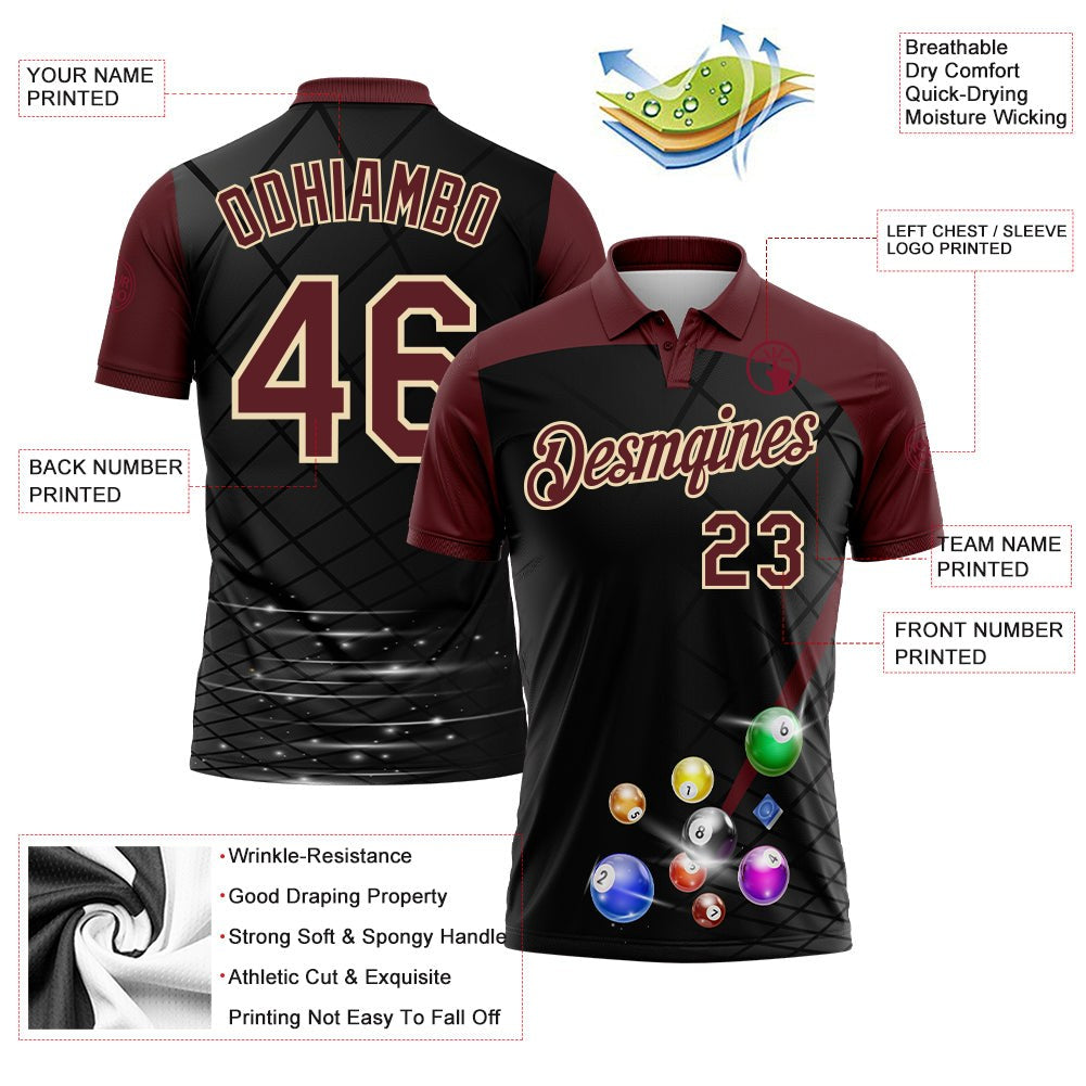 Custom Black Crimson-Cream Billiard Balls Performance Polo Shirt photo 3