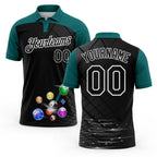 Custom Black Teal-White Billiard Balls Performance Polo Shirt