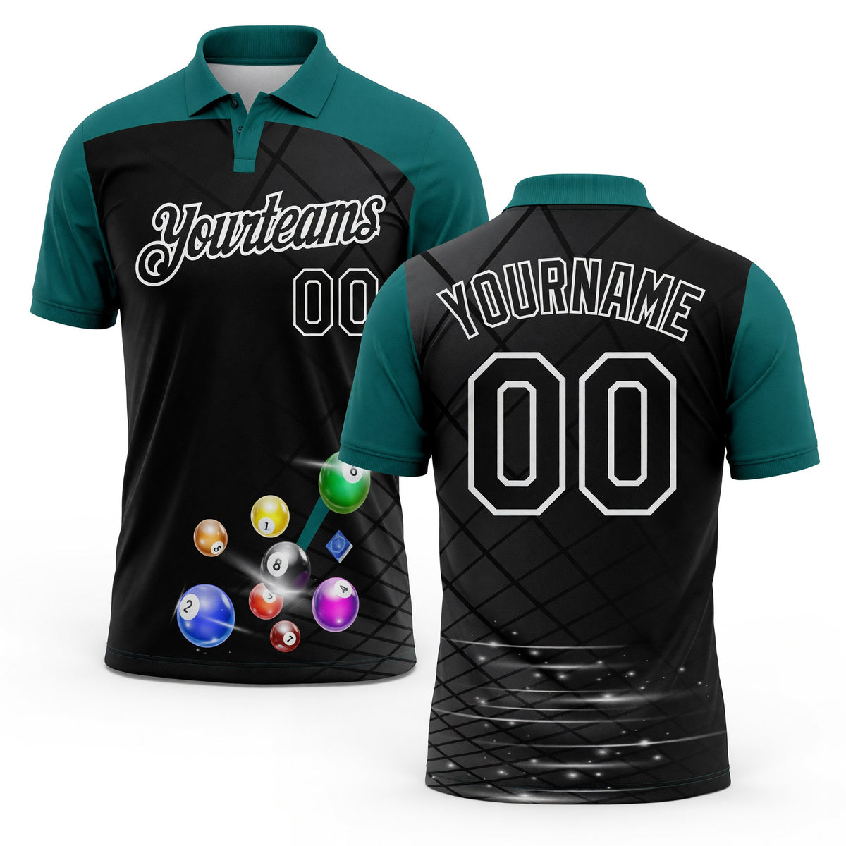 Custom Black Teal-White Billiard Balls Performance Polo Shirt