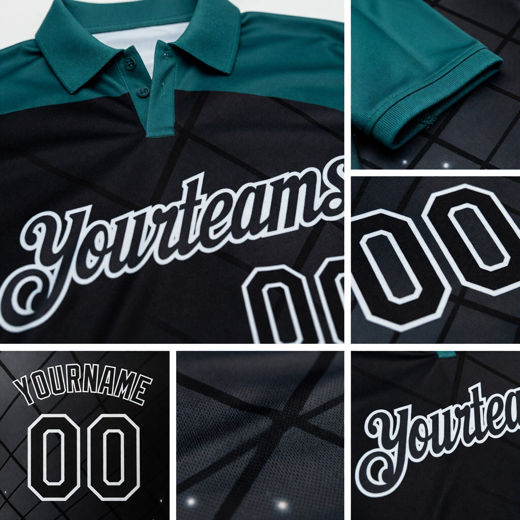 Custom Black Teal-White Billiard Balls Performance Polo Shirt detail