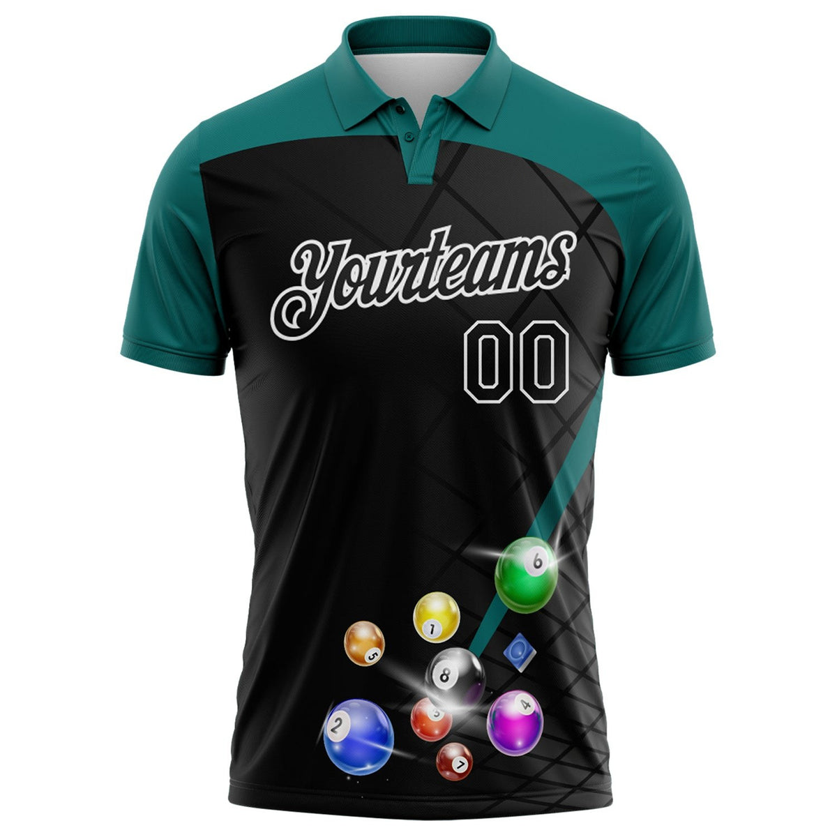 Custom Black Teal-White Billiard Balls Performance Polo Shirt photo 2