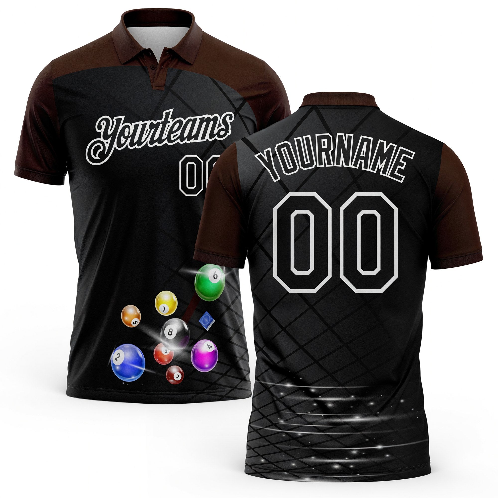 Custom Black Brown-White Billiard Balls Performance Polo Shirt