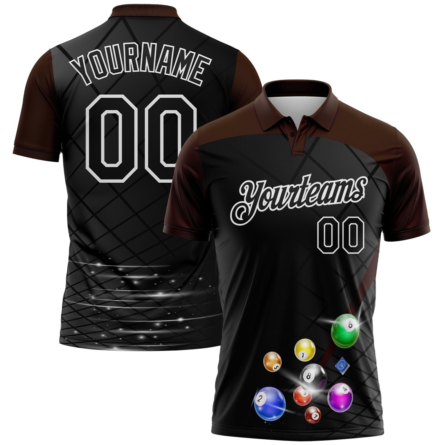 Custom Black Brown-White Billiard Balls Performance Polo Shirt photo 1
