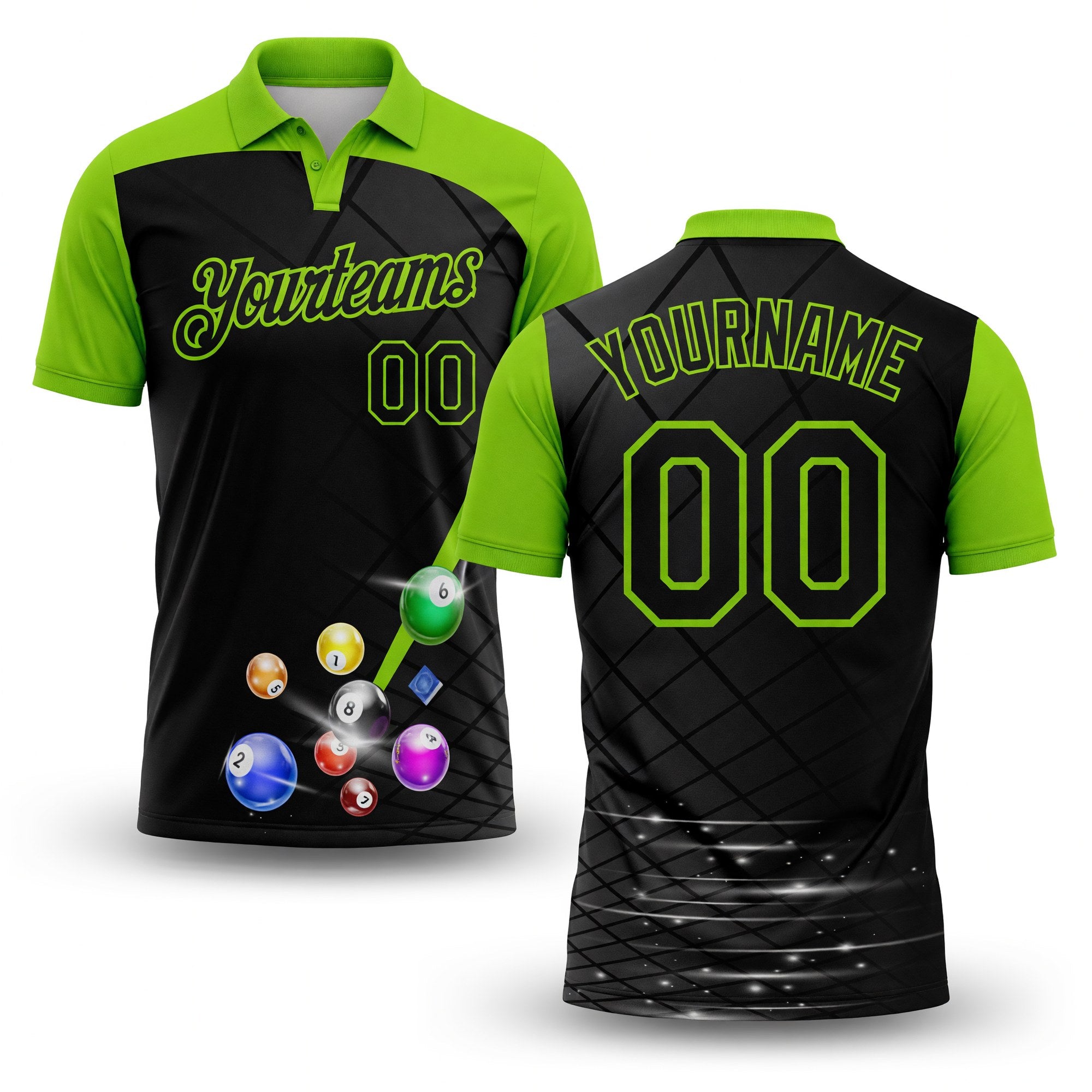 Custom Black-Neon Green Billiard Balls Performance Polo Shirt