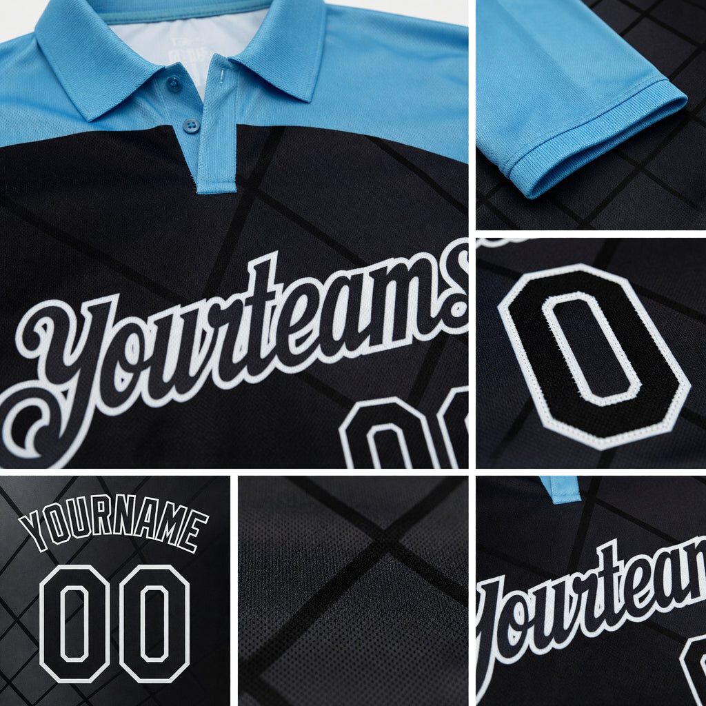 Custom Black Shadow Blue-White Billiard Balls Performance Polo Shirt detail
