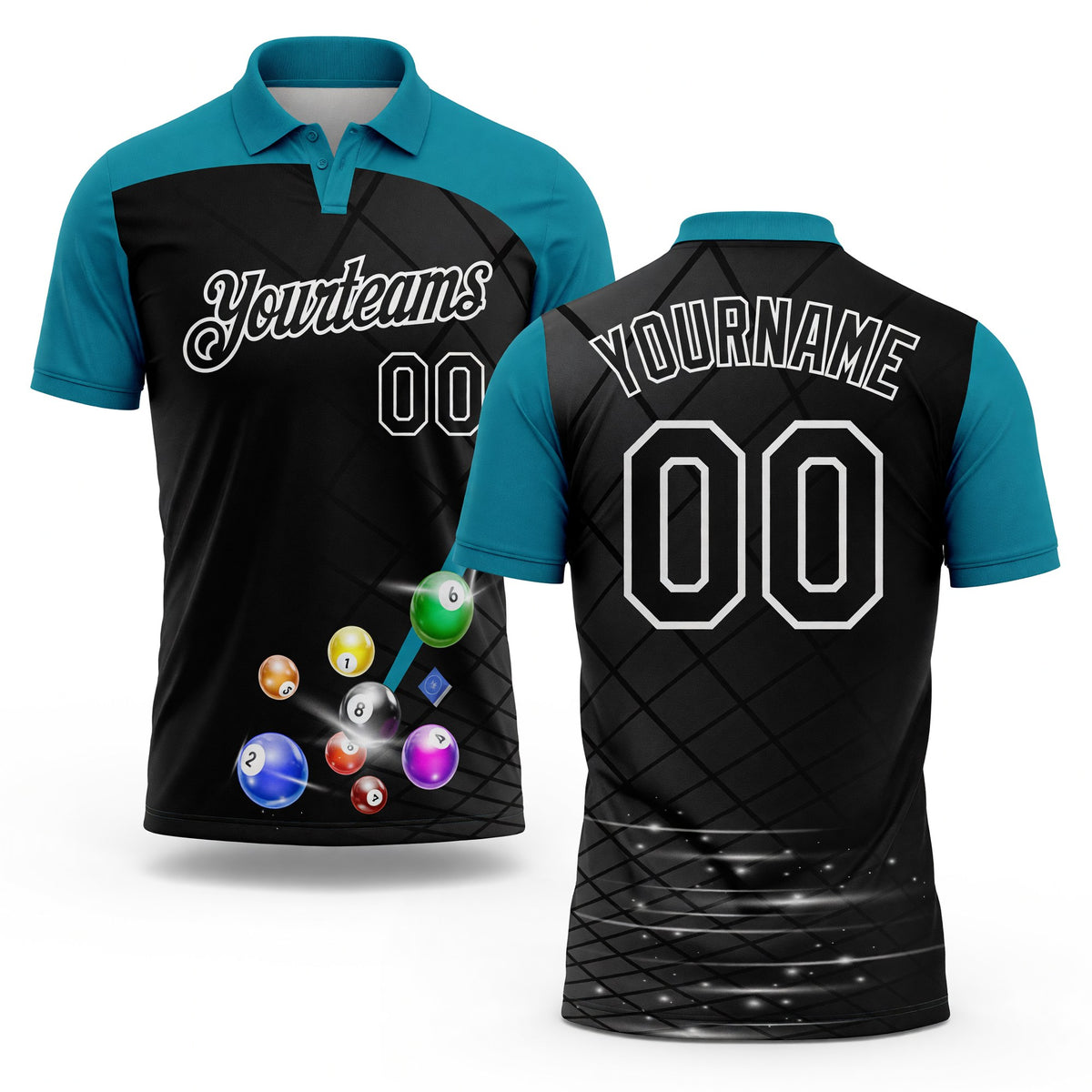 Custom Black Teal-White Billiard Balls Performance Polo Shirt