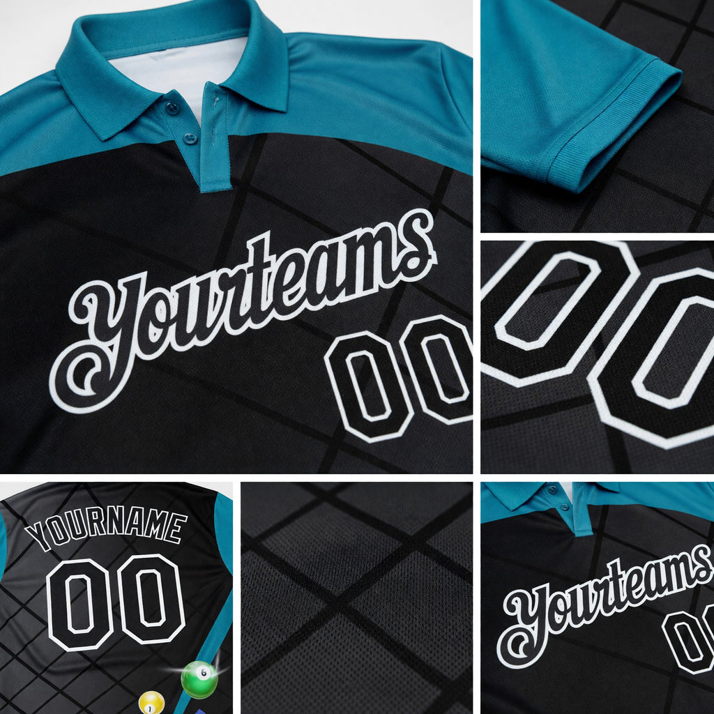 Custom Black Teal-White Billiard Balls Performance Polo Shirt detail