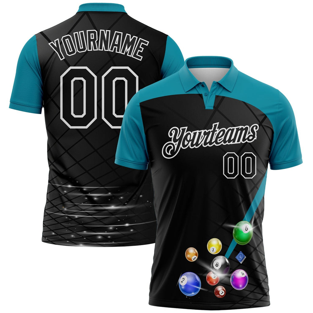 Custom Black Teal-White Billiard Balls Performance Polo Shirt photo 1