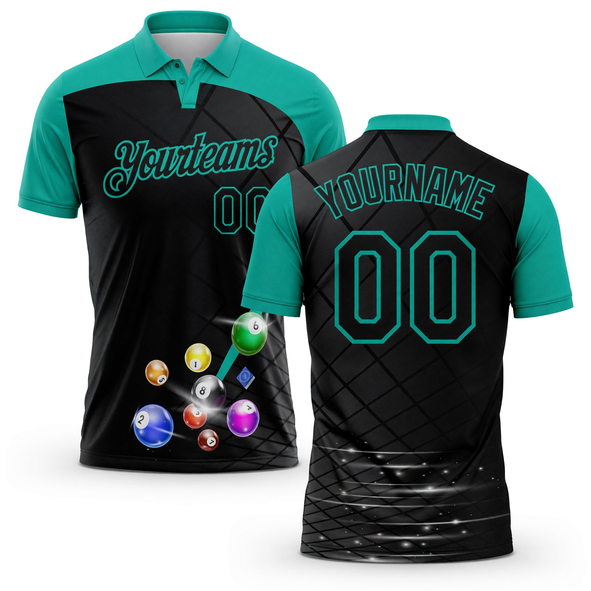 Custom Black-Aqua Billiard Balls Performance Polo Shirt