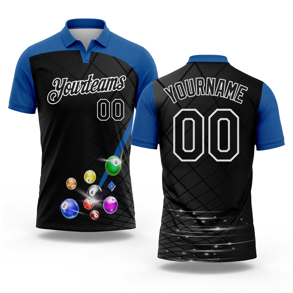 Custom Black Thunder Blue-White Billiard Balls Performance Polo Shirt