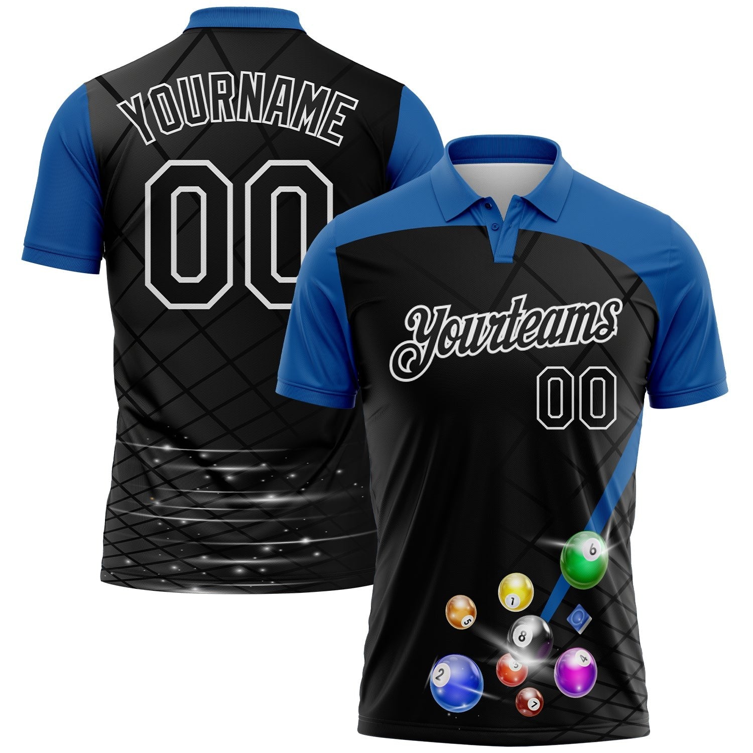 Custom Black Thunder Blue-White Billiard Balls Performance Polo Shirt photo 1