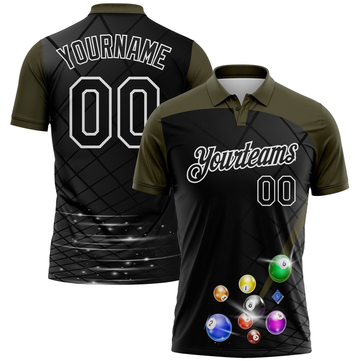 Custom Black Olive-White Billiard Balls Performance Polo Shirt photo 1