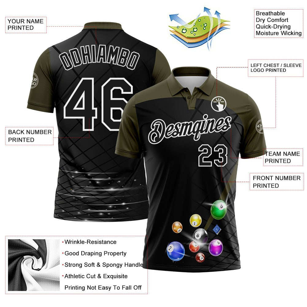 Custom Black Olive-White Billiard Balls Performance Polo Shirt photo 3