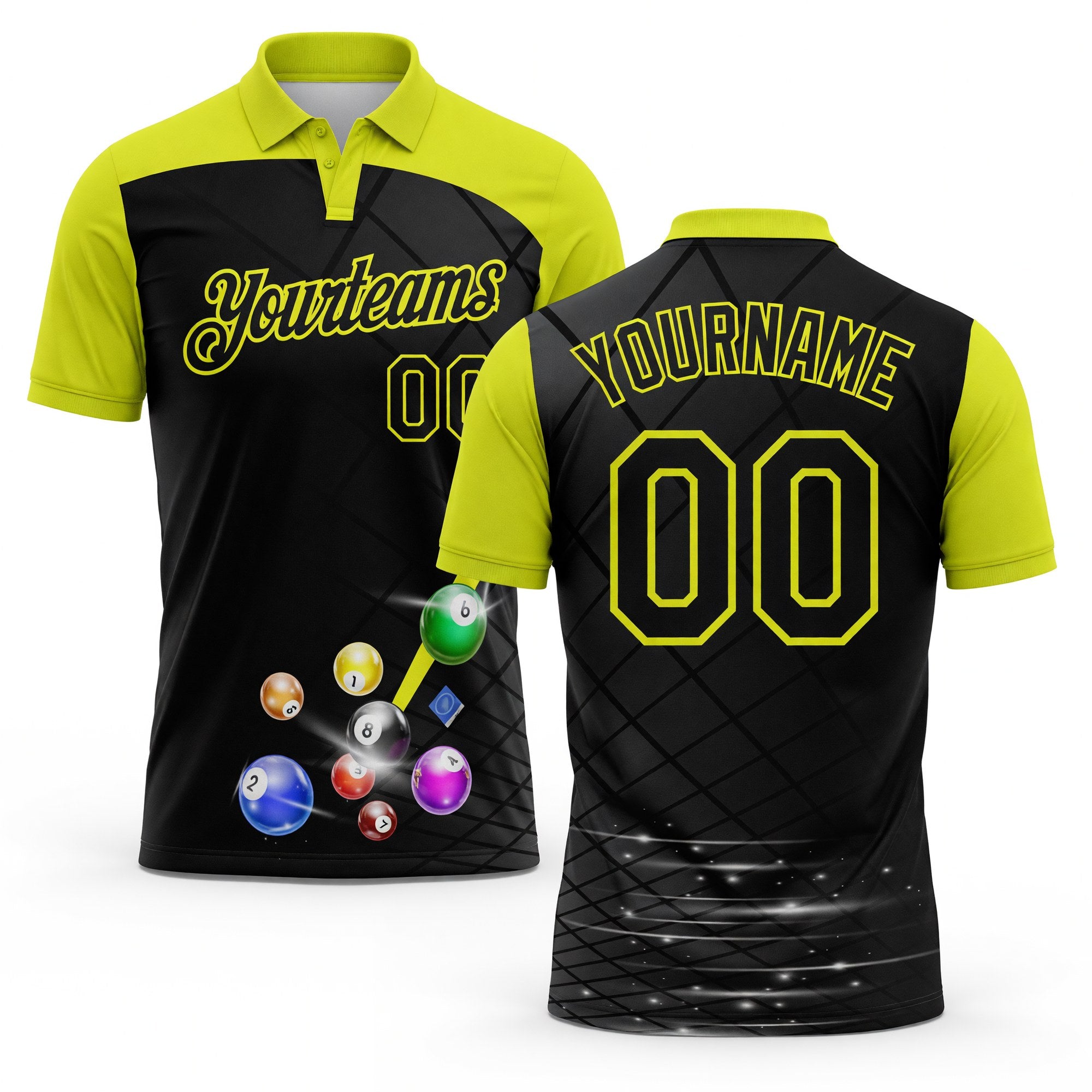 Custom Black-Neon Yellow Billiard Balls Performance Polo Shirt