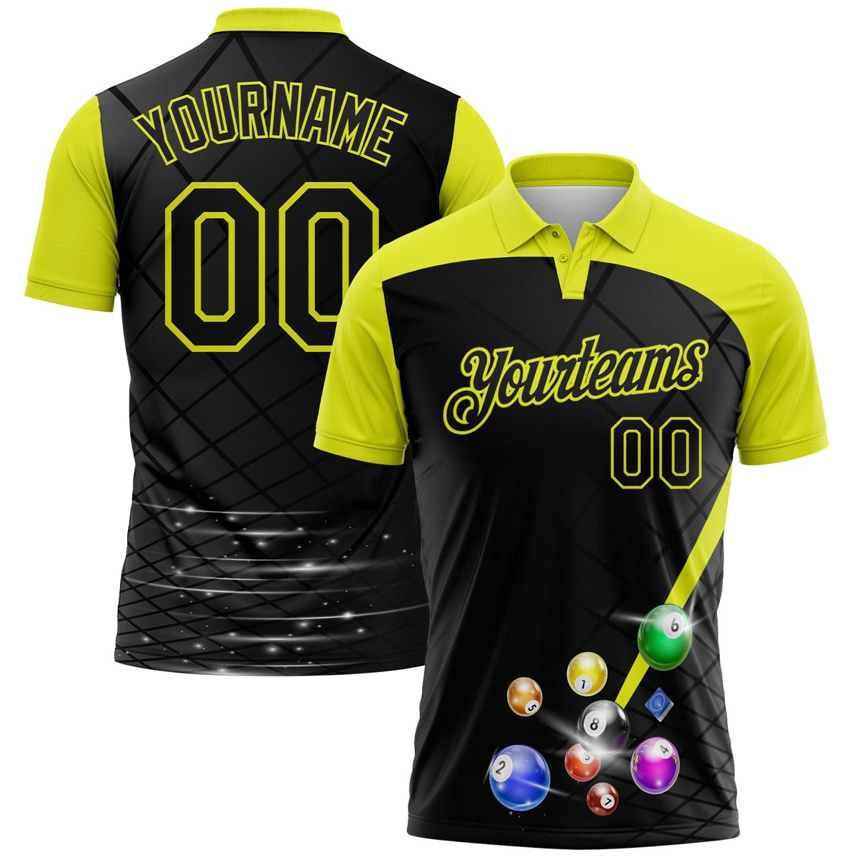 Custom Black-Neon Yellow Billiard Balls Performance Polo Shirt photo 1