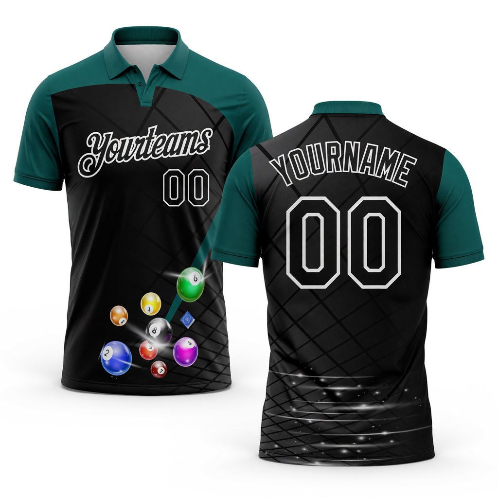 Custom Black Midnight Green-White Billiard Balls Performance Polo Shirt