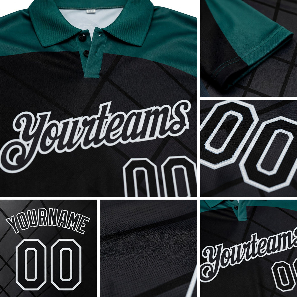 Custom Black Midnight Green-White Billiard Balls Performance Polo Shirt detail