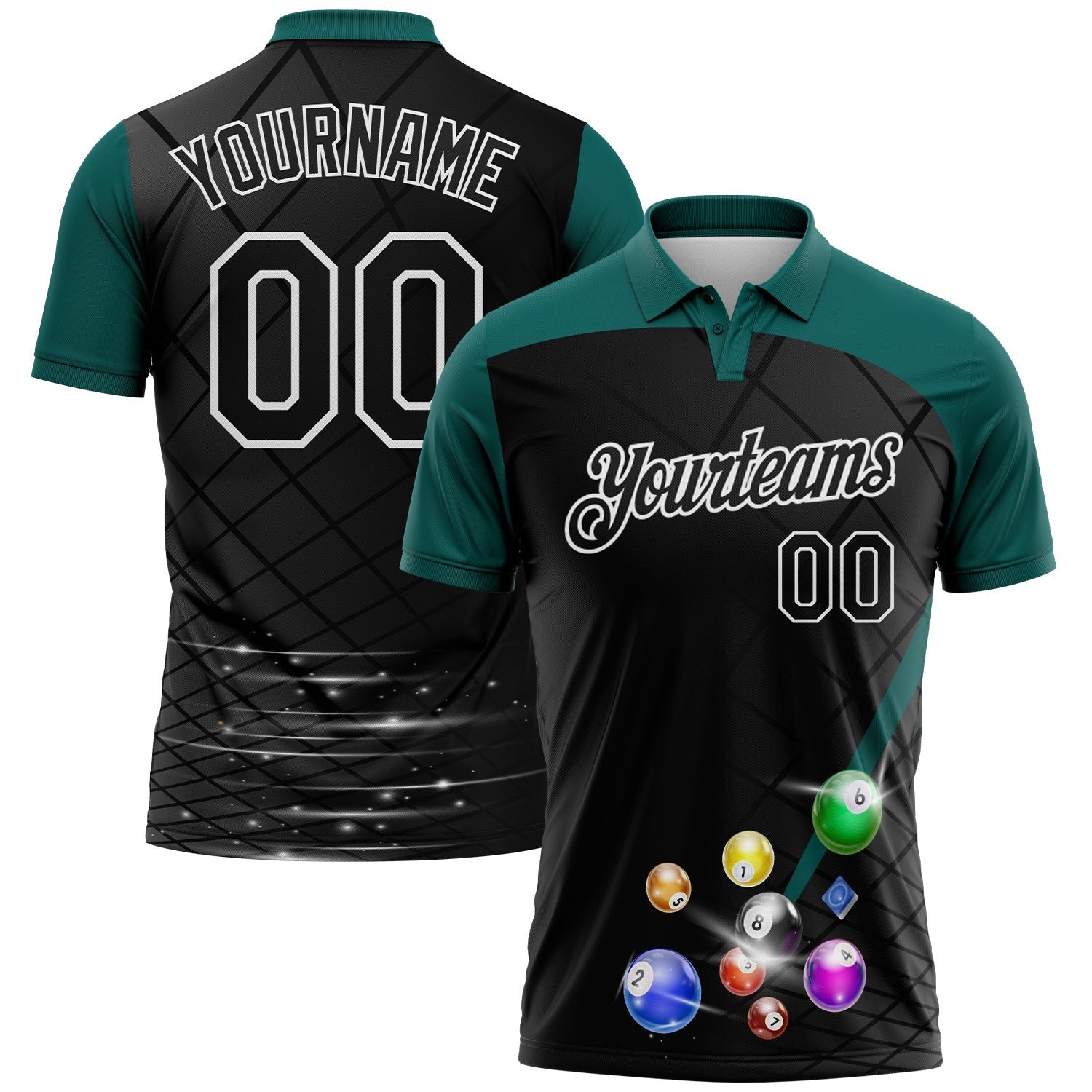 Custom Black Midnight Green-White Billiard Balls Performance Polo Shirt photo 1