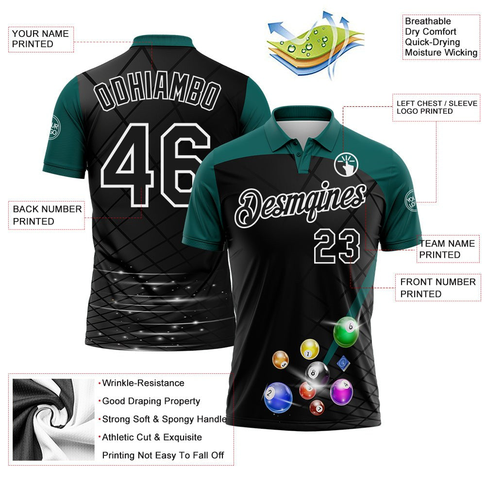 Custom Black Midnight Green-White Billiard Balls Performance Polo Shirt photo 3