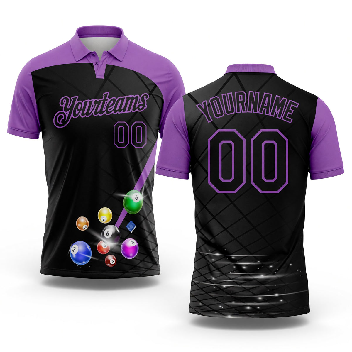 Custom Black-Medium Purple Billiard Balls Performance Polo Shirt