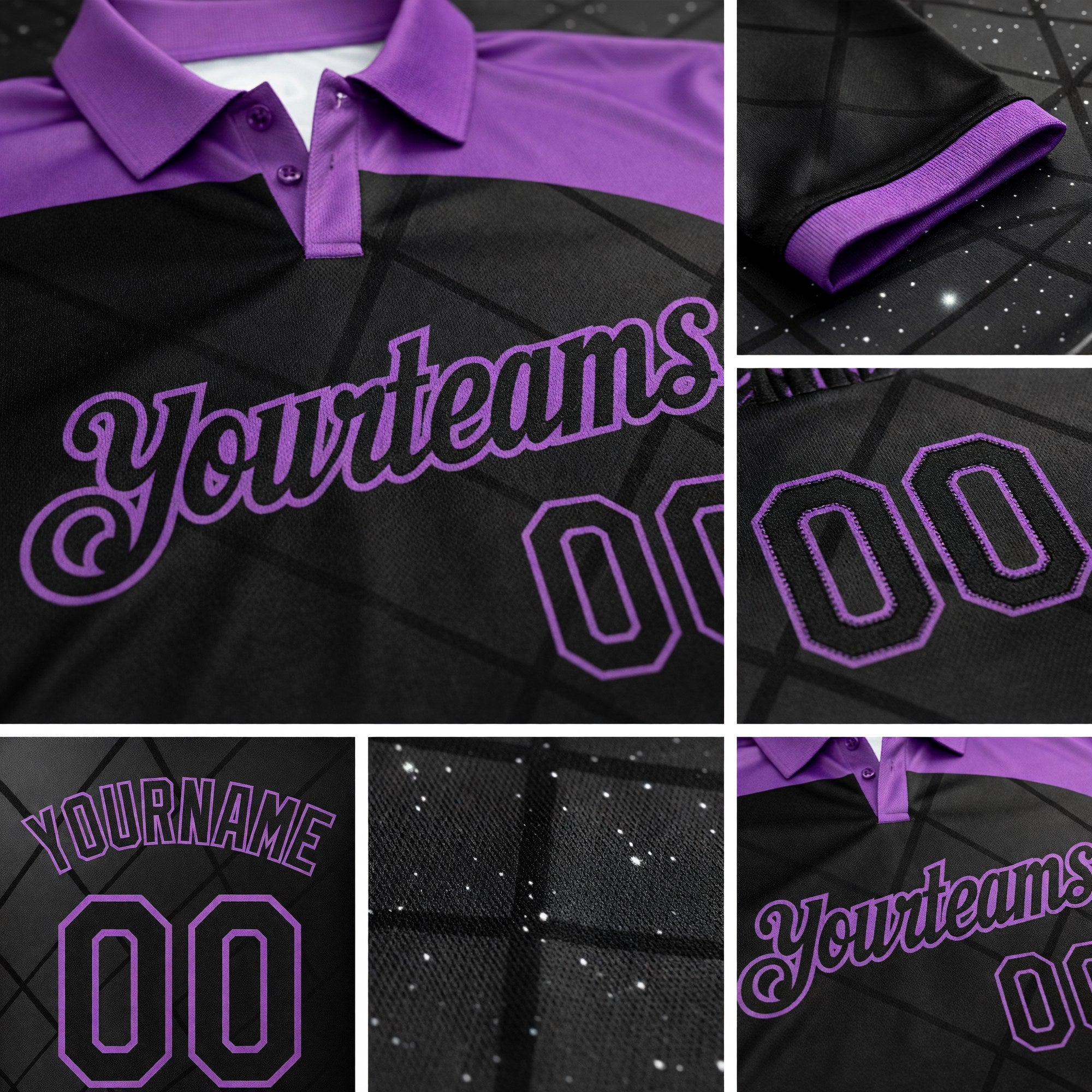 Custom Black-Medium Purple Billiard Balls Performance Polo Shirt detail