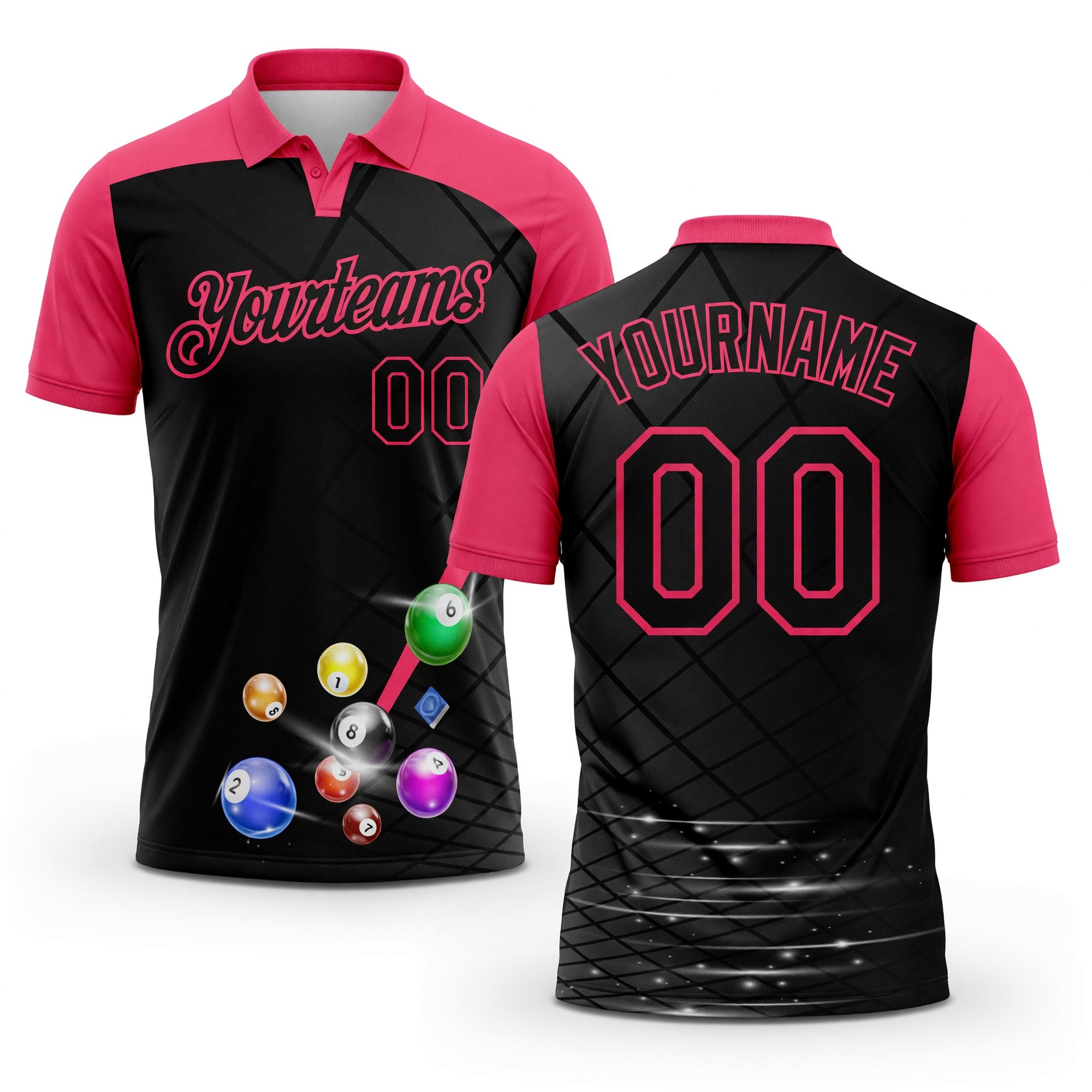 Custom Black-Neon Pink Billiard Balls Performance Polo Shirt