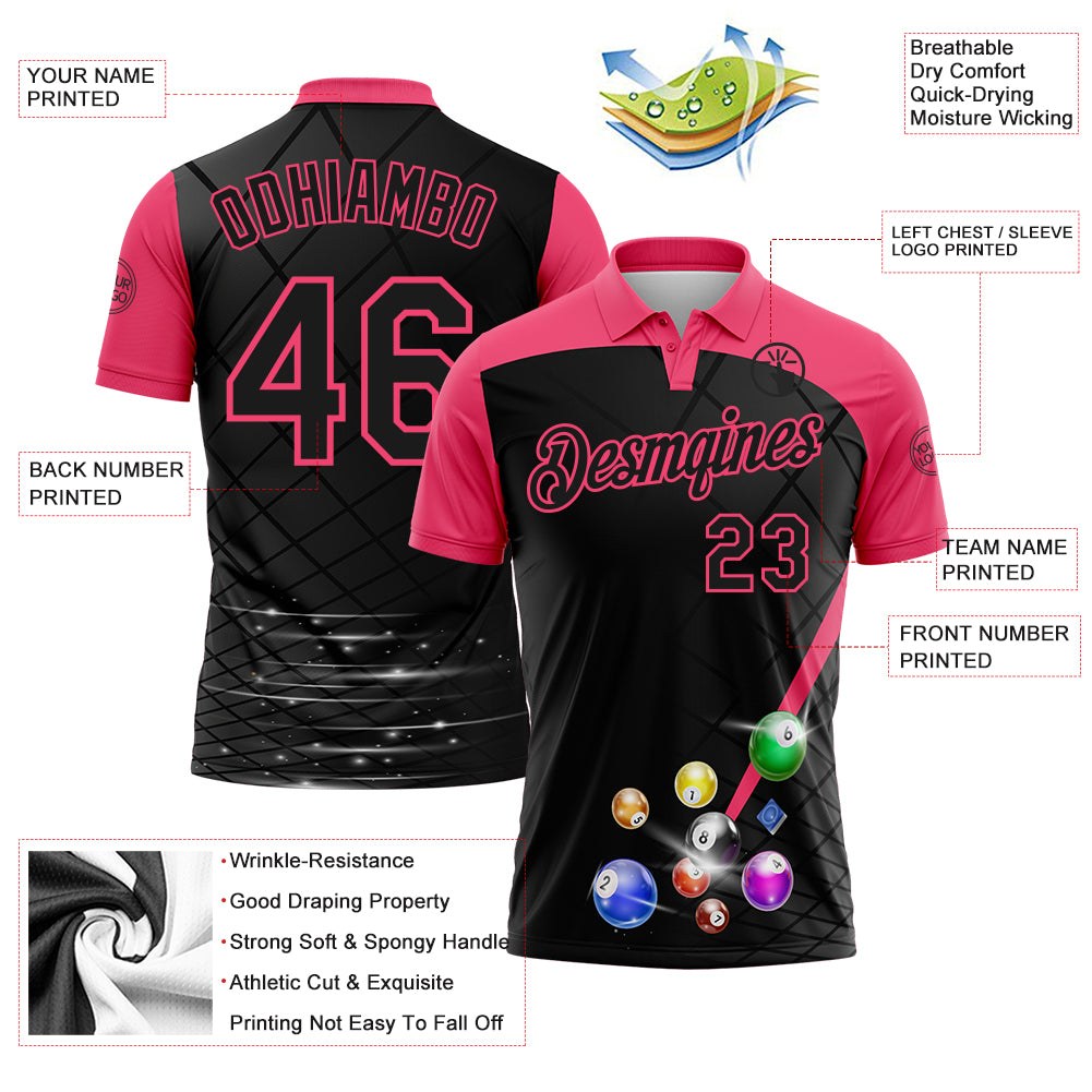 Custom Black-Neon Pink Billiard Balls Performance Polo Shirt photo 3