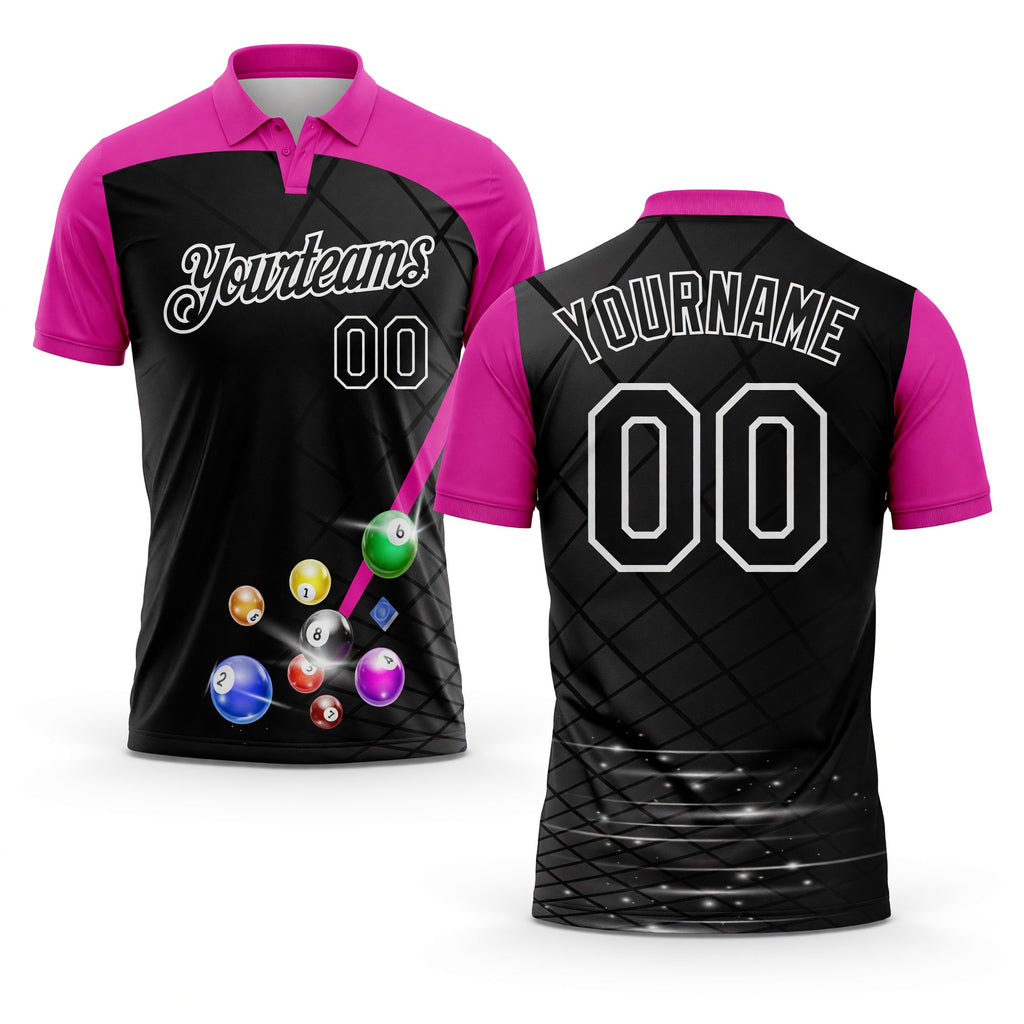 Custom Black Deep Pink-White Billiard Balls Performance Polo Shirt