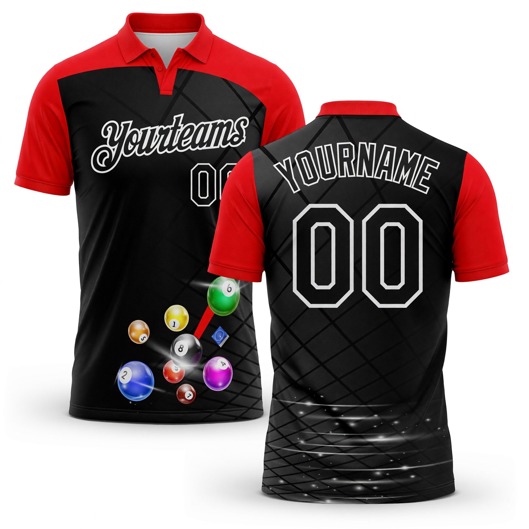 Custom Black Fire Red-White Billiard Balls Performance Polo Shirt