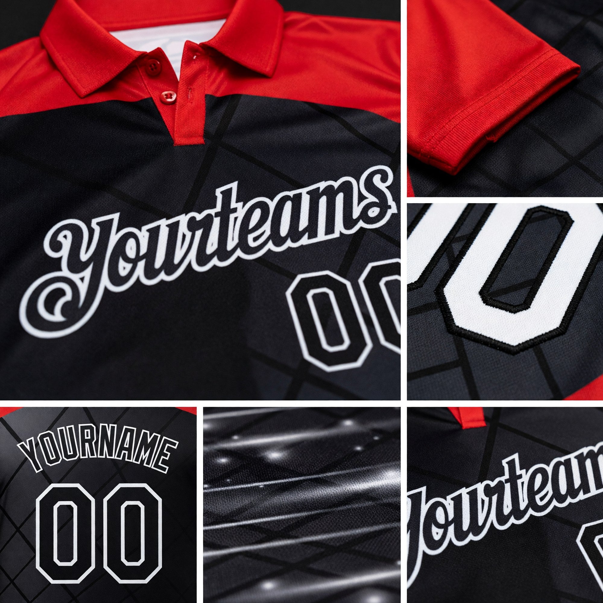 Custom Black Fire Red-White Billiard Balls Performance Polo Shirt detail