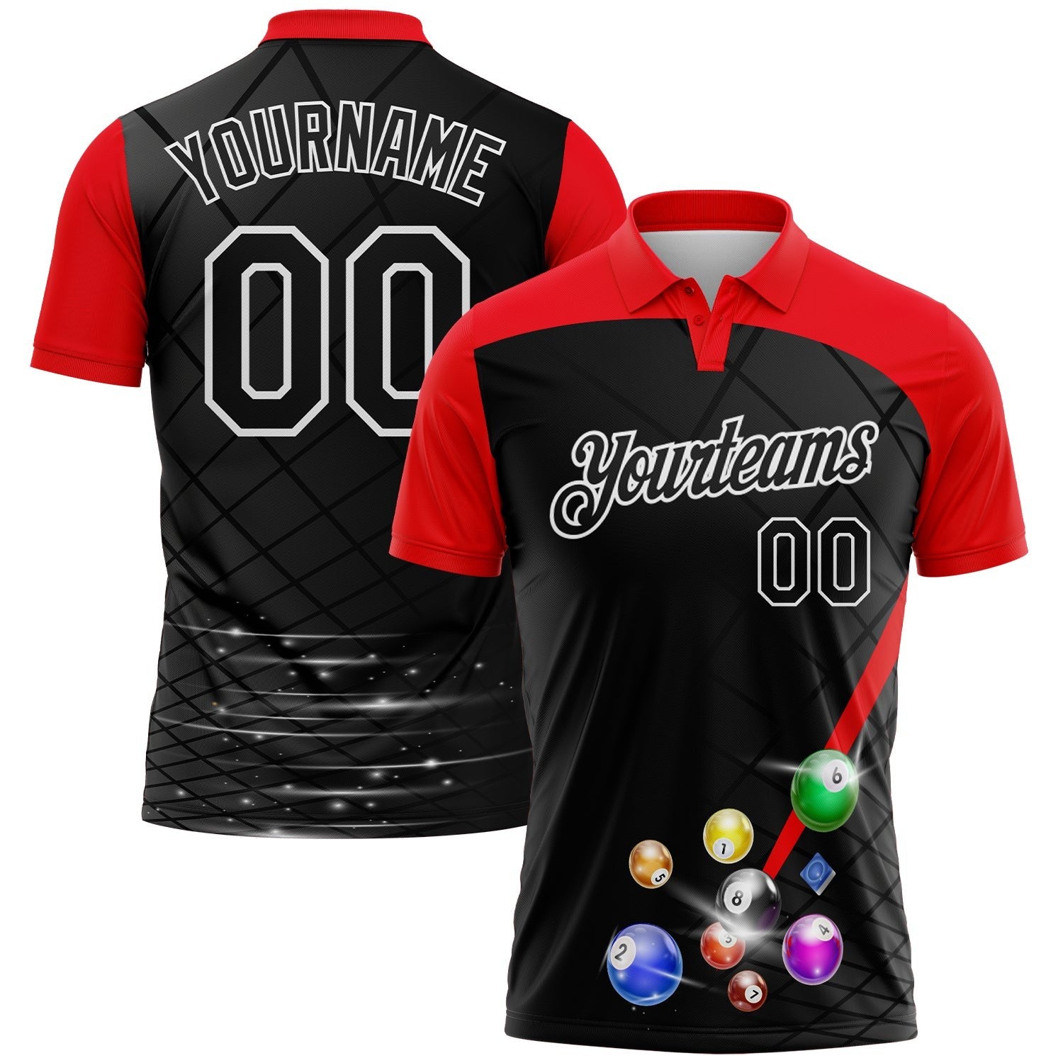 Custom Black Fire Red-White Billiard Balls Performance Polo Shirt photo 1