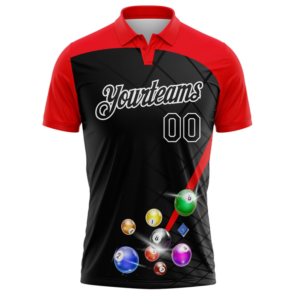 Custom Black Fire Red-White Billiard Balls Performance Polo Shirt photo 2