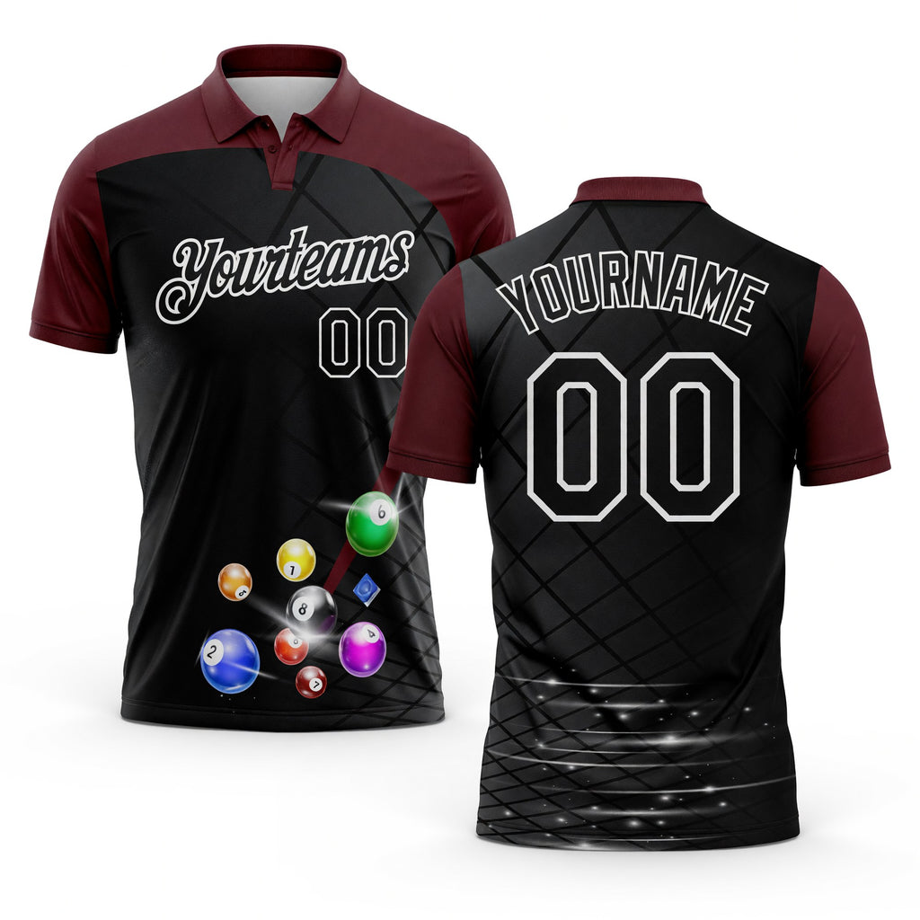 Custom Black Maroon-White Billiard Balls Performance Polo Shirt