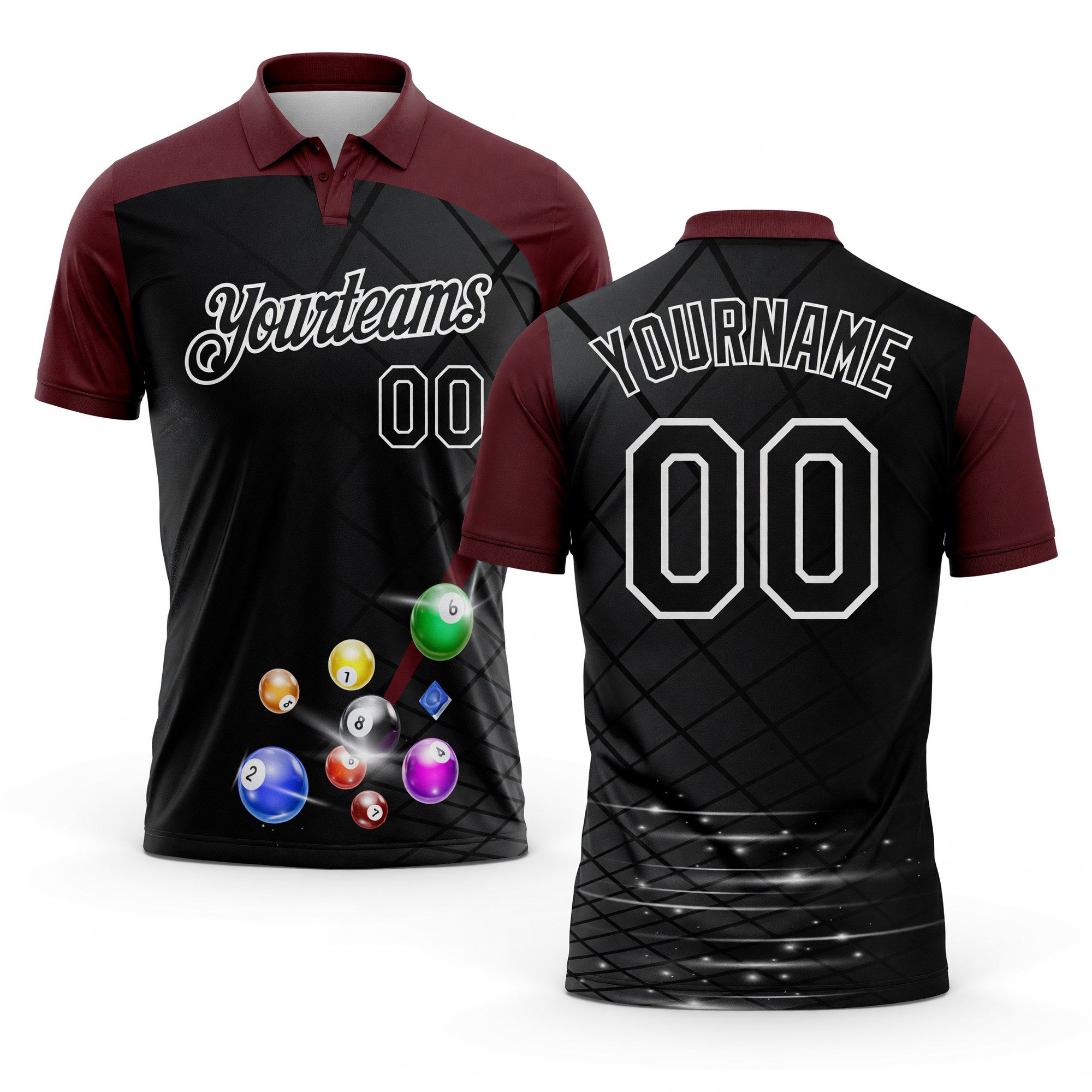Custom Black Maroon-White Billiard Balls Performance Polo Shirt