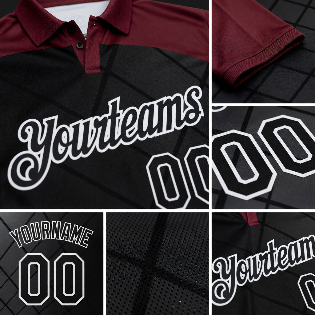 Custom Black Maroon-White Billiard Balls Performance Polo Shirt detail