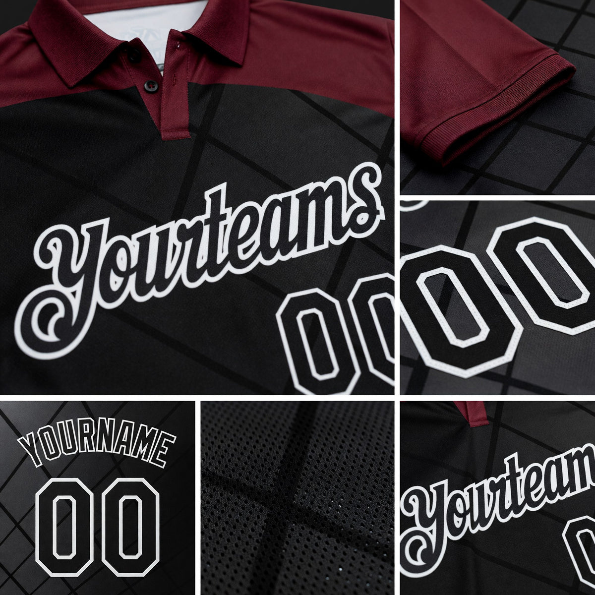 Custom Black Maroon-White Billiard Balls Performance Polo Shirt detail