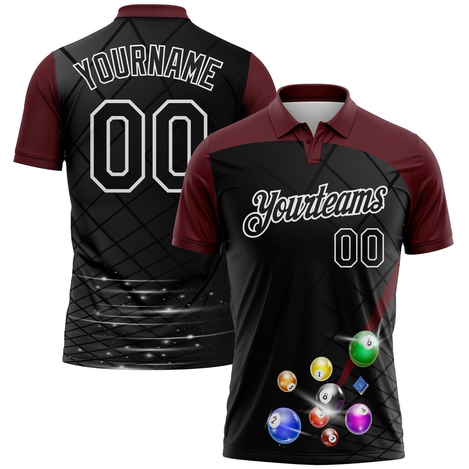 Custom Black Maroon-White Billiard Balls Performance Polo Shirt photo 1