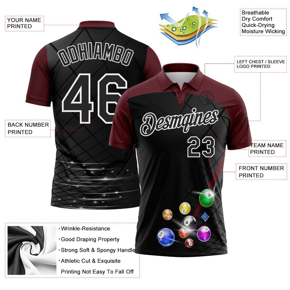 Custom Black Maroon-White Billiard Balls Performance Polo Shirt photo 3