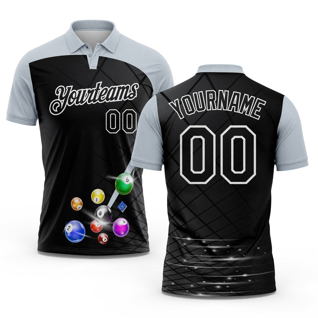 Custom Black Silver-White Billiard Balls Performance Polo Shirt