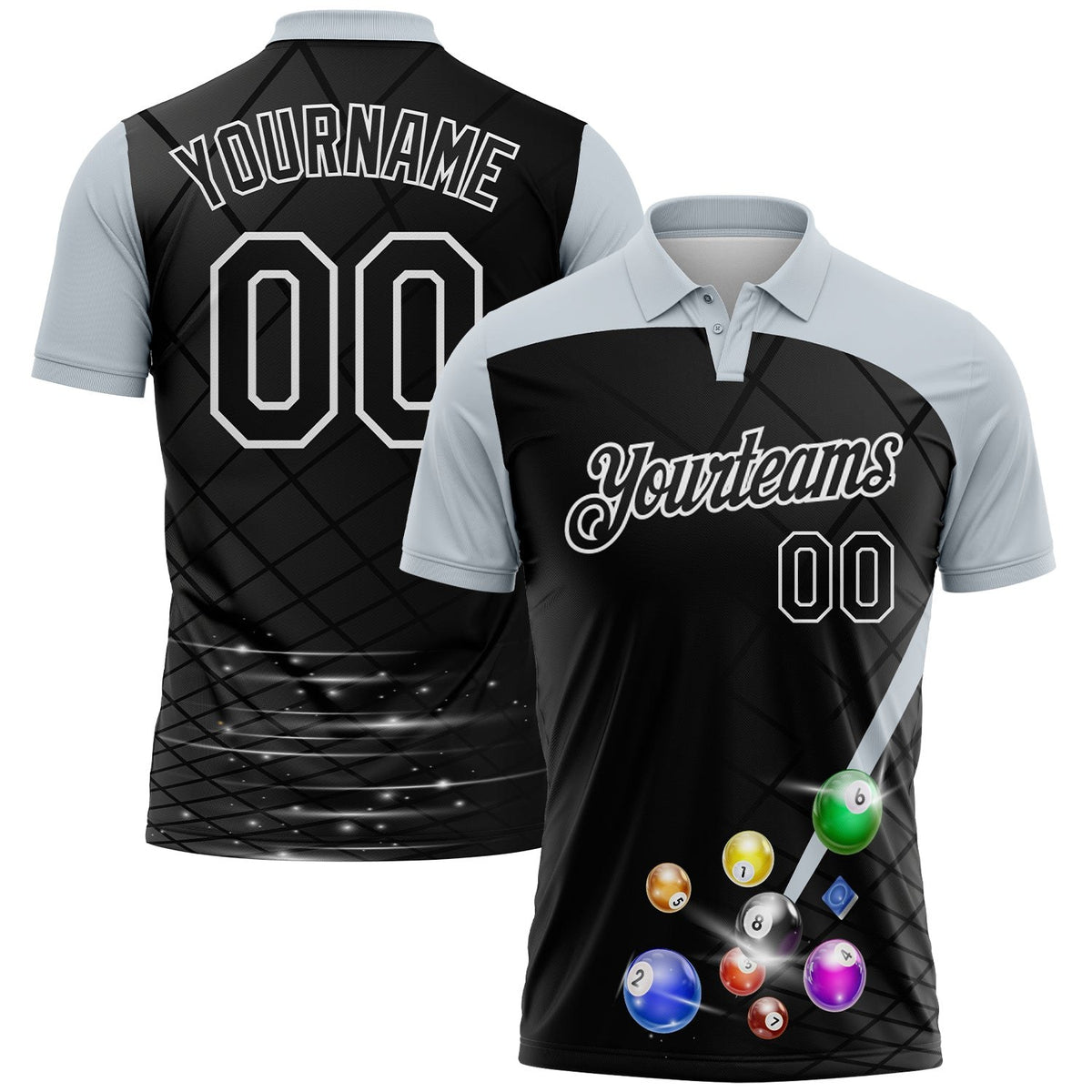 Custom Black Silver-White Billiard Balls Performance Polo Shirt photo 1