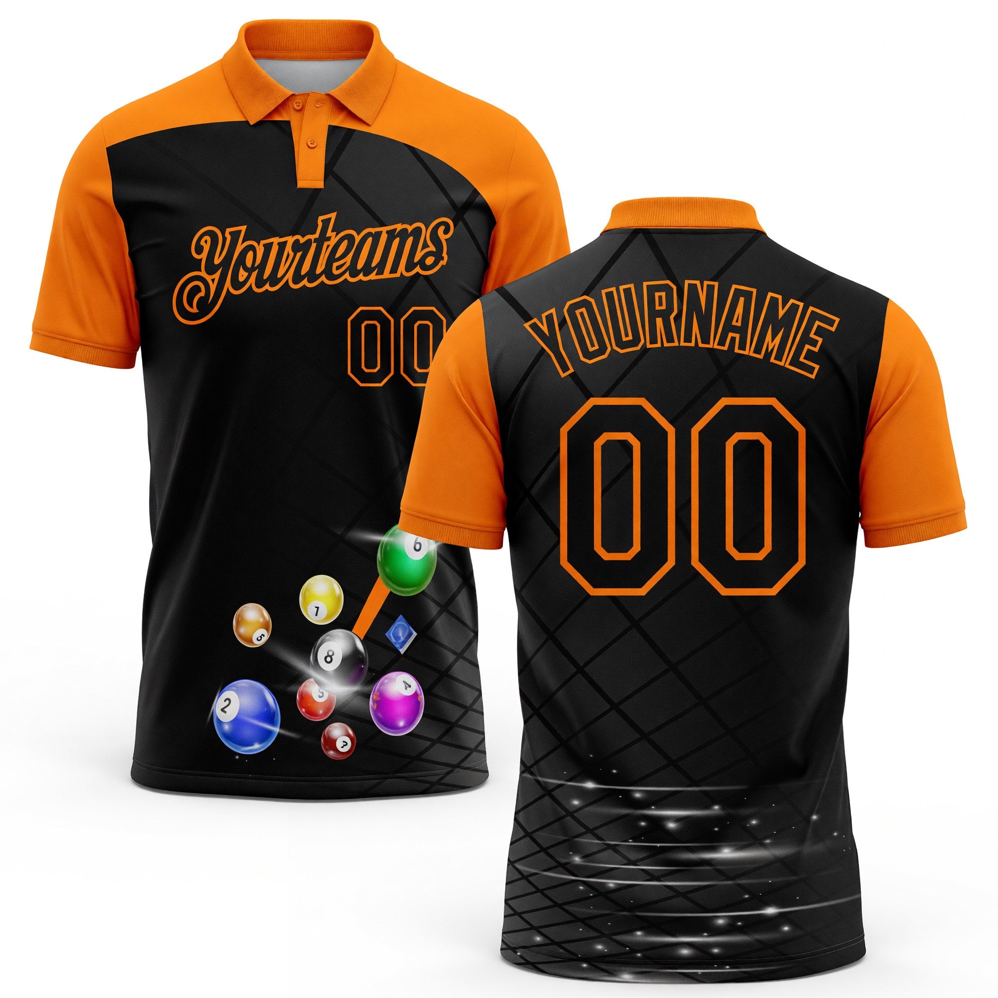 Custom Black-Bay Orange Billiard Balls Geometric Grid Performance Polo Shirt
