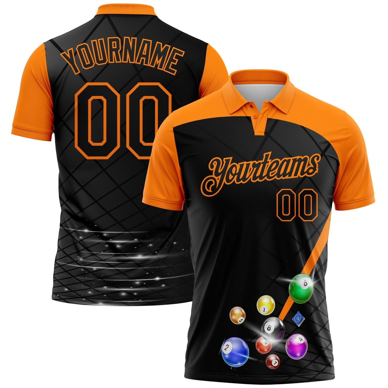 Custom Black-Bay Orange Billiard Balls Geometric Grid Performance Polo Shirt photo 1