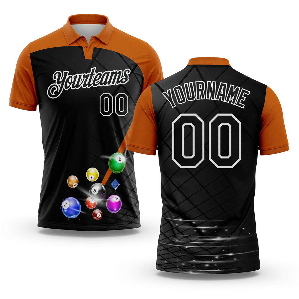 Custom Black Texas Orange-White Billiard Balls Geometric Grid Performance Polo Shirt