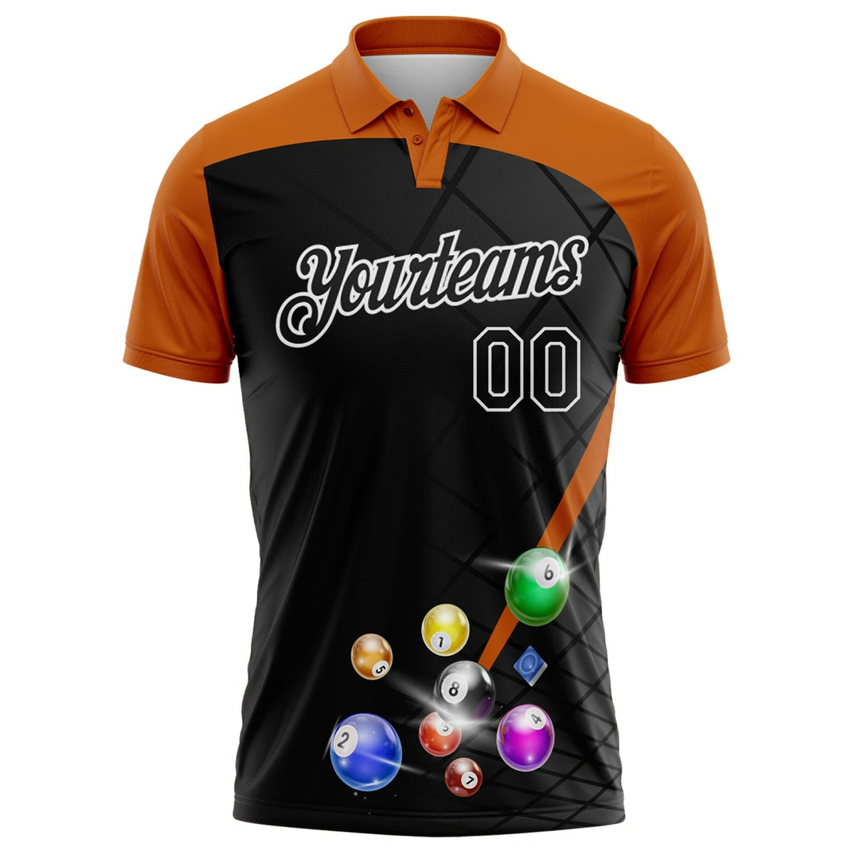 Custom Black Texas Orange-White Billiard Balls Geometric Grid Performance Polo Shirt photo 2