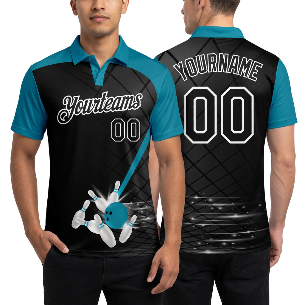 Custom Black Teal-White Bowling Geometric Grid Performance Polo Shirt worn front and back
