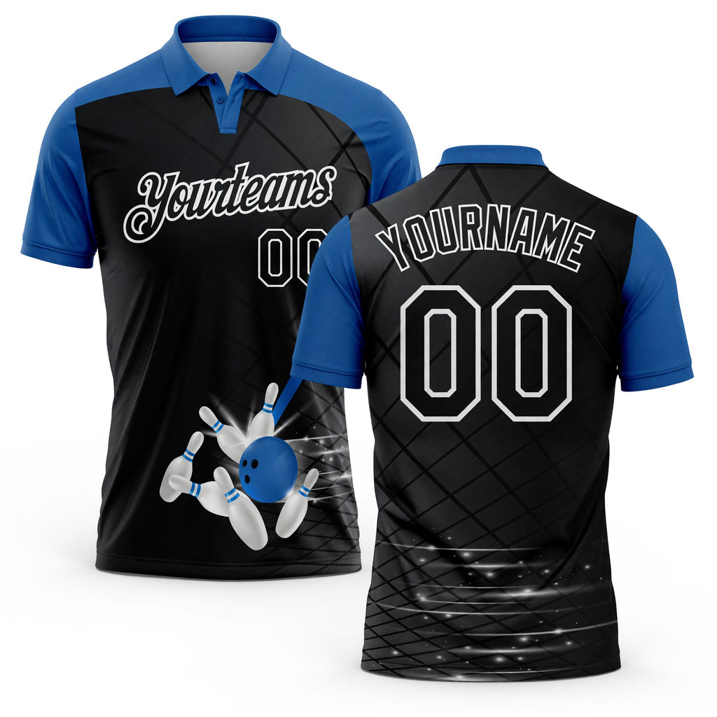 Custom Black Thunder Blue-White Bowling Geometric Grid Performance Polo Shirt