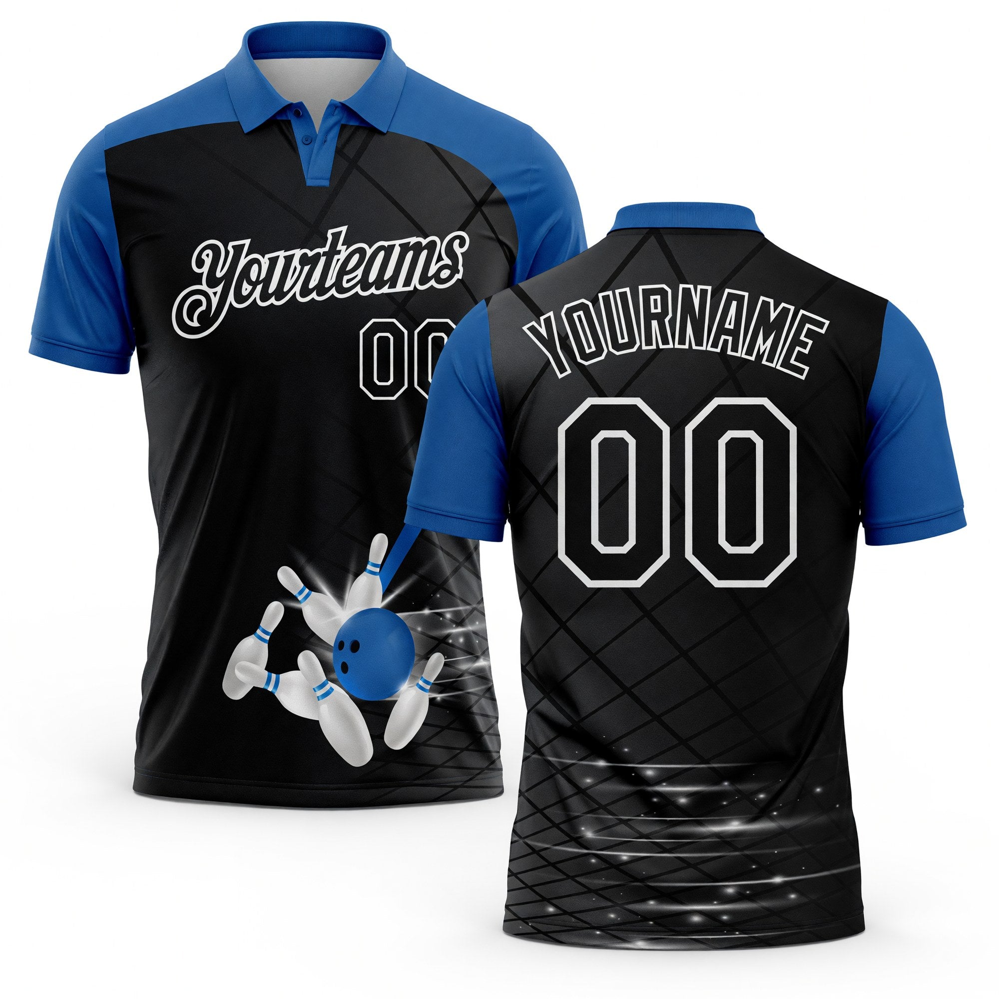 Custom Black Thunder Blue-White Bowling Geometric Grid Performance Polo Shirt