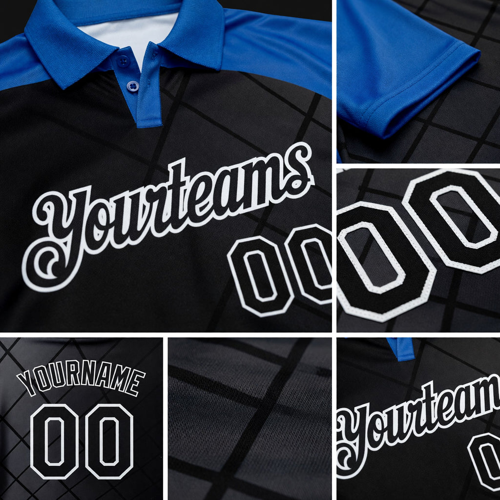 Custom Black Thunder Blue-White Bowling Geometric Grid Performance Polo Shirt detail