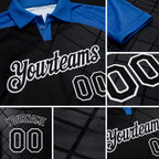 Custom Black Thunder Blue-White Bowling Geometric Grid Performance Polo Shirt detail